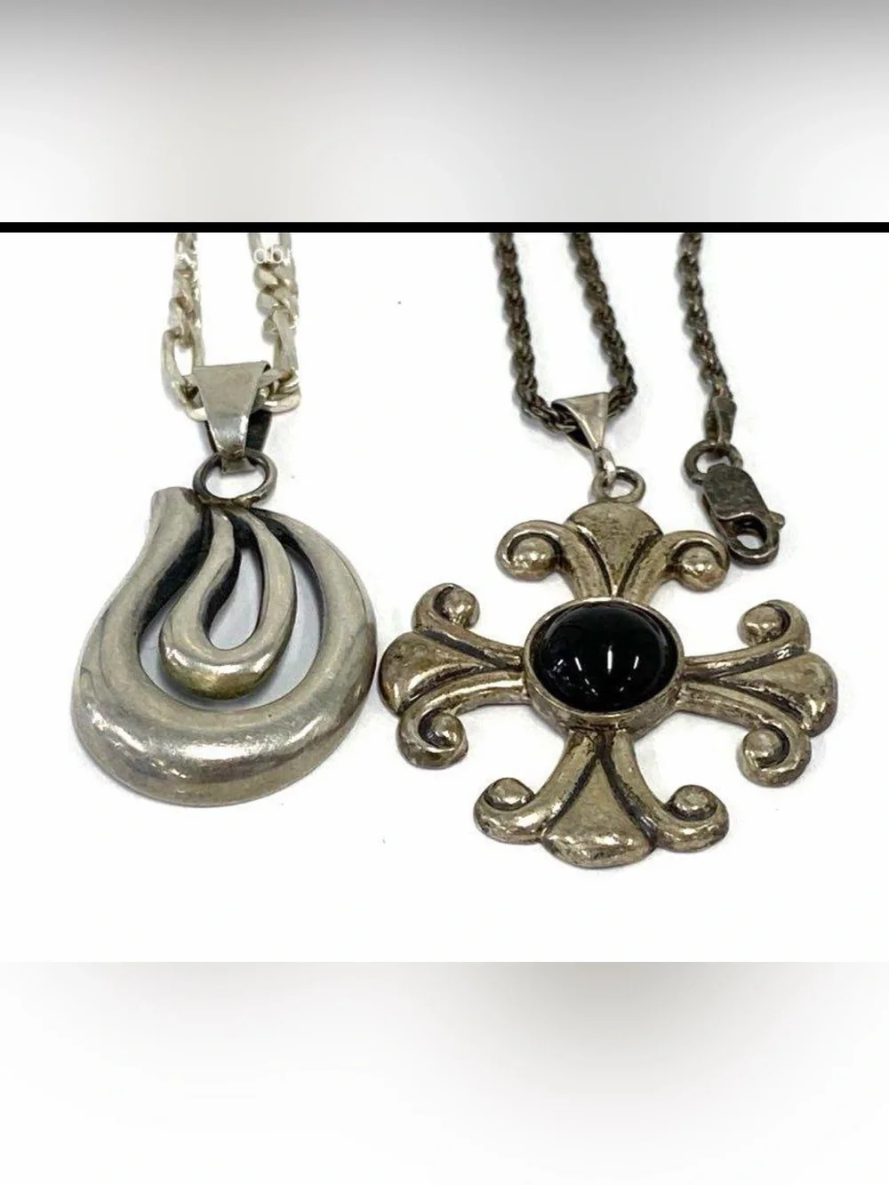 Vintage 925 Sterling Silver Onyx Cross Teardrop Pendant Chain Necklace lot 30.5G